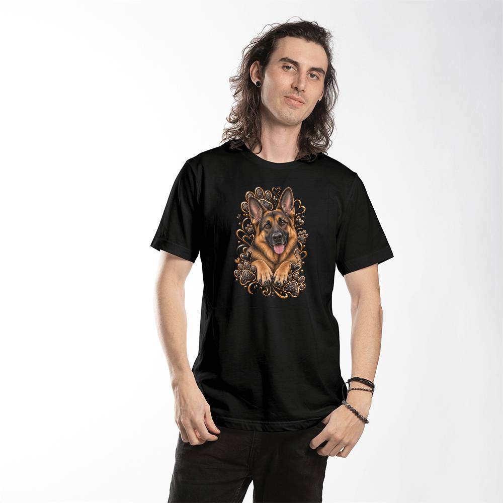 German Shepherd Black & Gold Paw Print Heart Shirt | German Shepherd Mom Graphic Tee