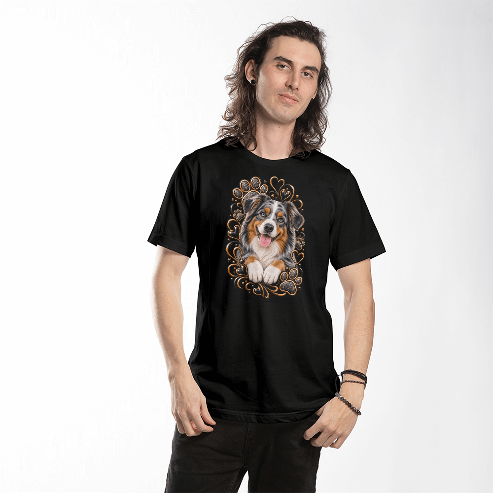 Australian Shepherd Black & Gold Paw Print Heart Shirt | Aussie Mom Graphic Tee