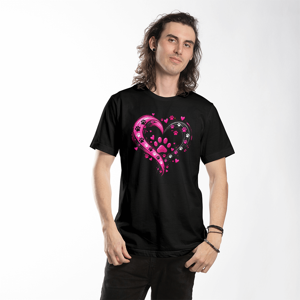 Pink Paw Print Heart T-Shirt, Swirl Heart Dog Lover Shirt, Pink and Black Paw Design Dog Mom Tee