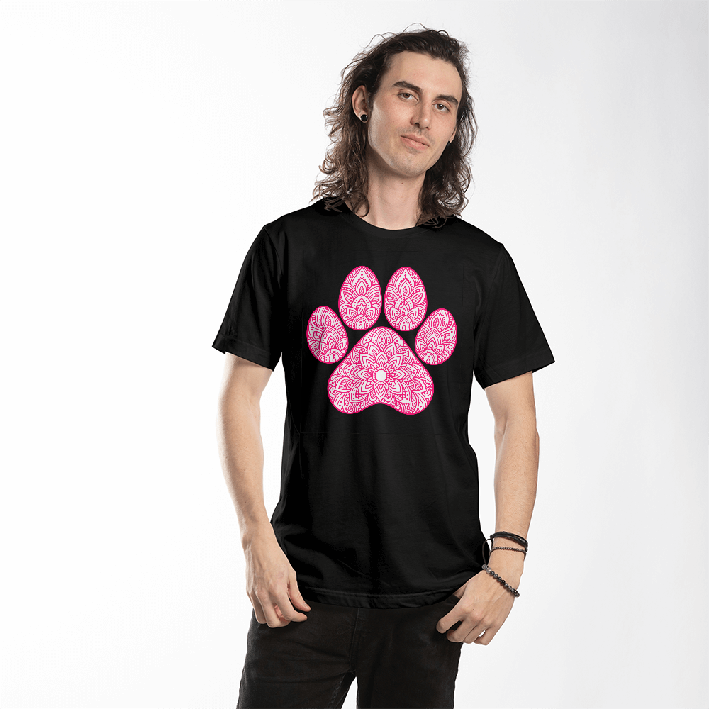 Pink Mandala Paw Print T-Shirt, Boho Dog Lover Shirt, Intricate Henna Style Dog Mom Tee, Zen Pet Owner Gift