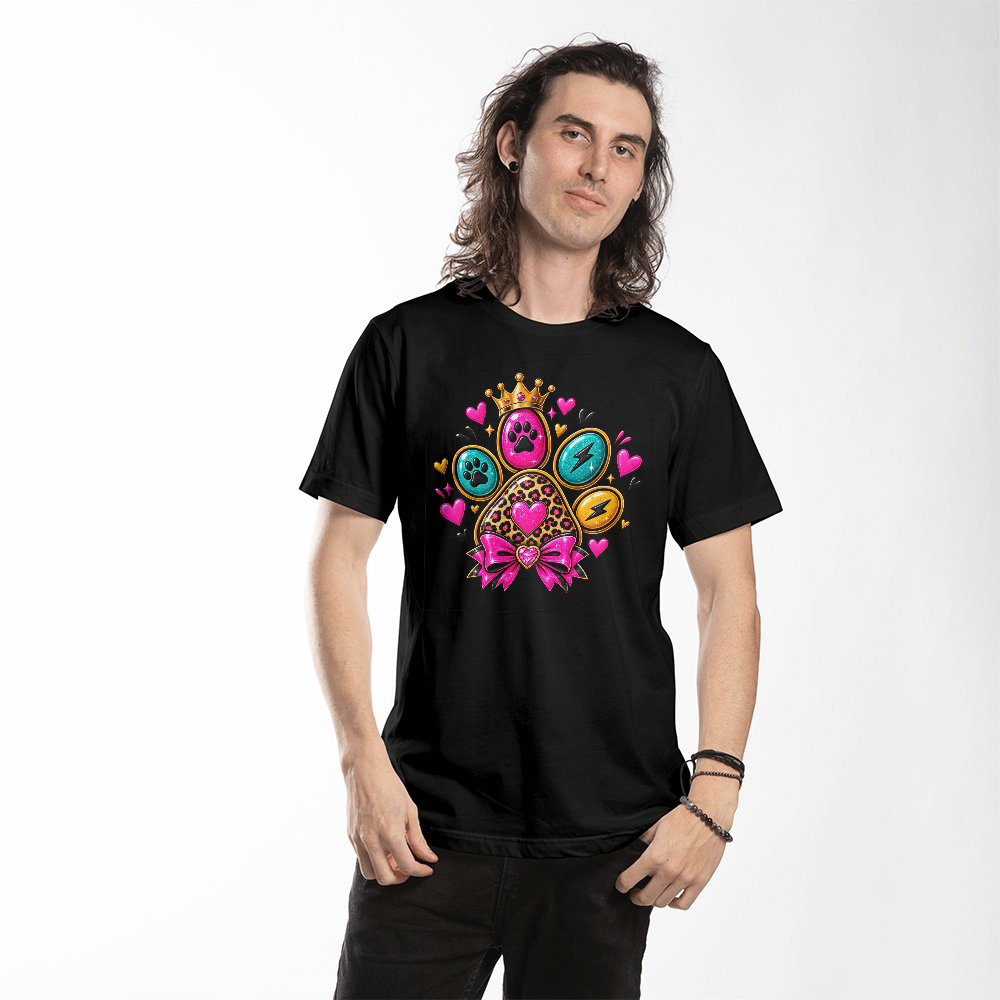 Leopard Print Paw T-Shirt, Glam Crown and Bow Dog Mom Shirt, Colorful Rockstar Paw Design Tee