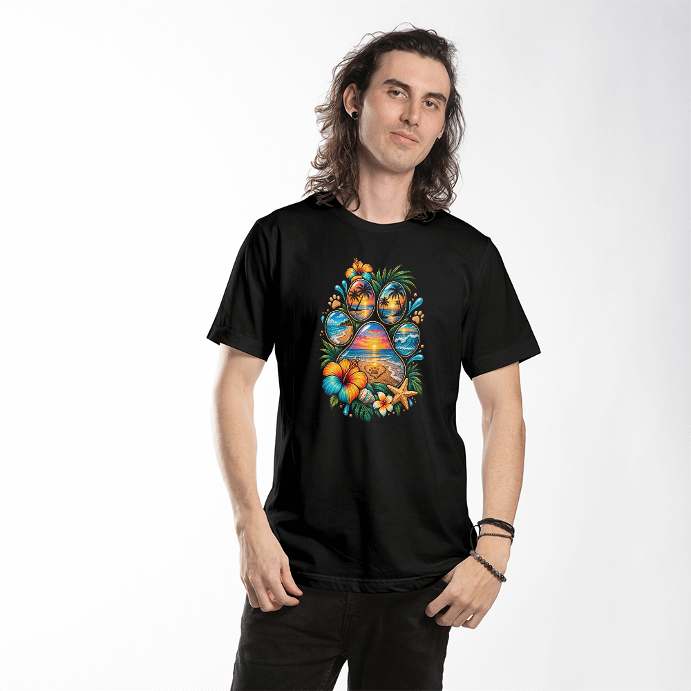 Tropical Beach Sunset Paw Print T-Shirt, Hawaiian Style Dog Lover Shirt, Ocean and Palm Tree Paw Design Tee