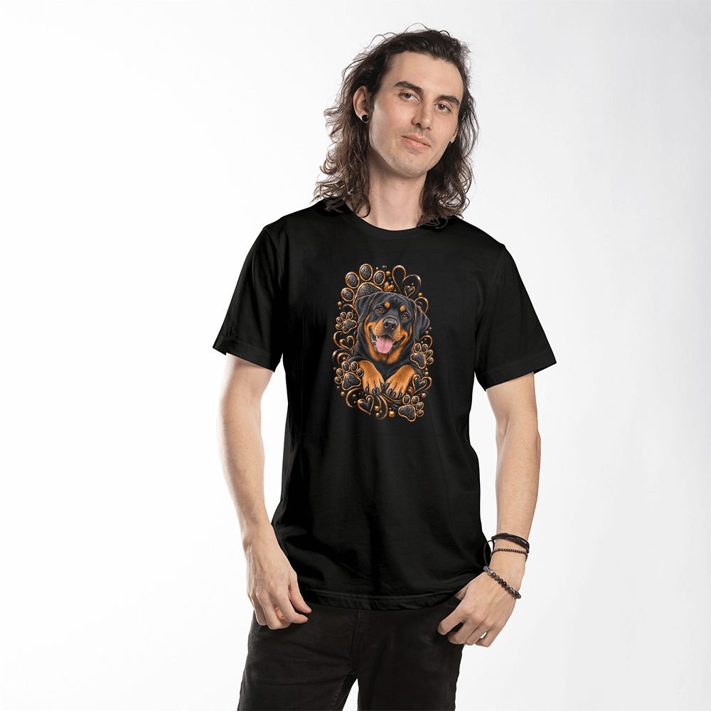 Rottweiler Black & Gold Paw Print Heart Shirt | Rottweiler Mom Graphic Tee