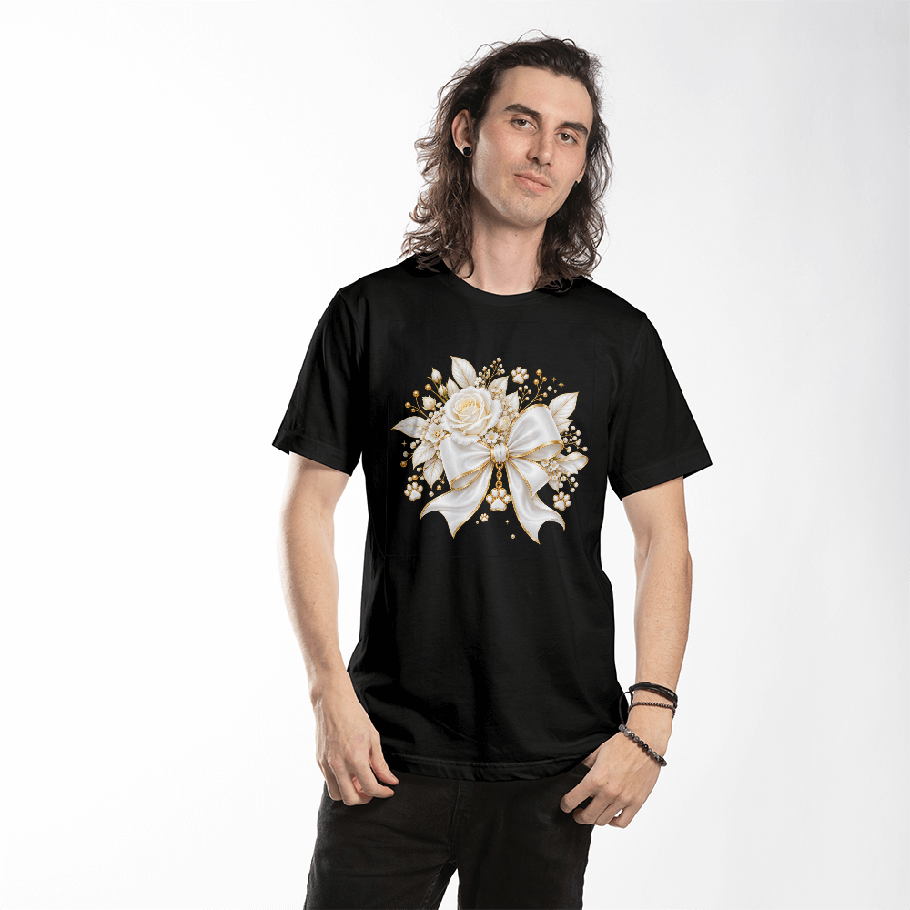 Elegant White Rose Bow Paw Print Graphic Tee