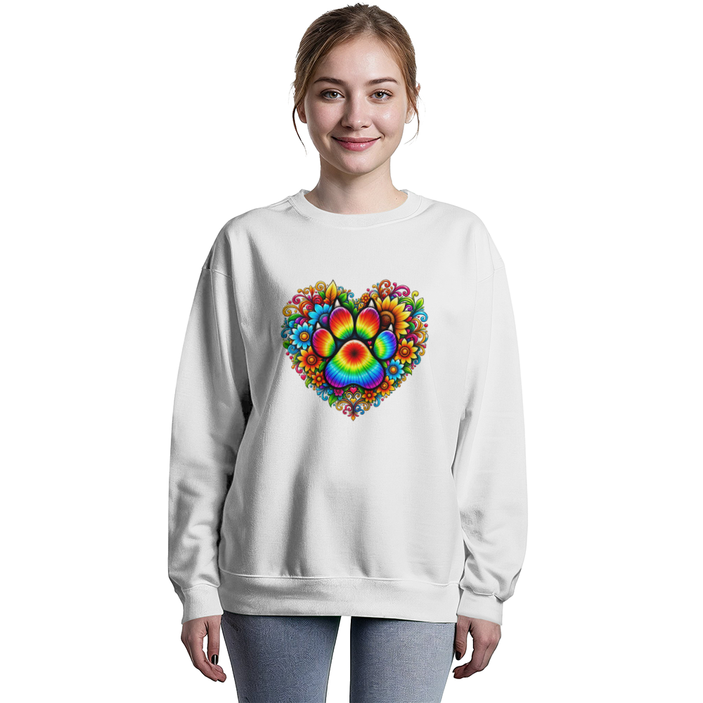 Rainbow Tie-Dye Paw Print Heart Dog Mom Sweatshirt, Colorful Floral Dog Lover Crewneck, Gift for Dog Moms