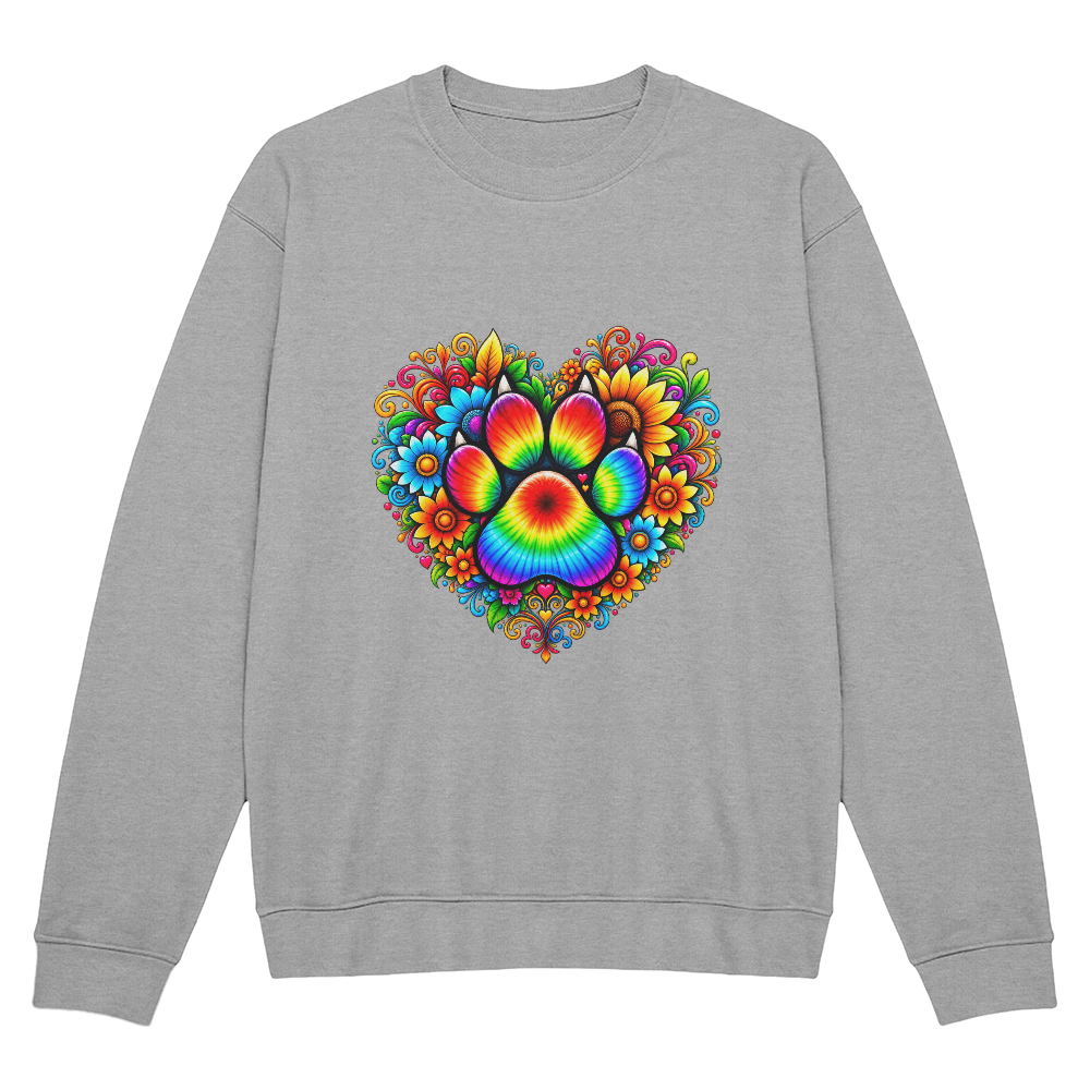 Rainbow Tie-Dye Paw Print Heart Dog Mom Sweatshirt, Colorful Floral Dog Lover Crewneck, Gift for Dog Moms