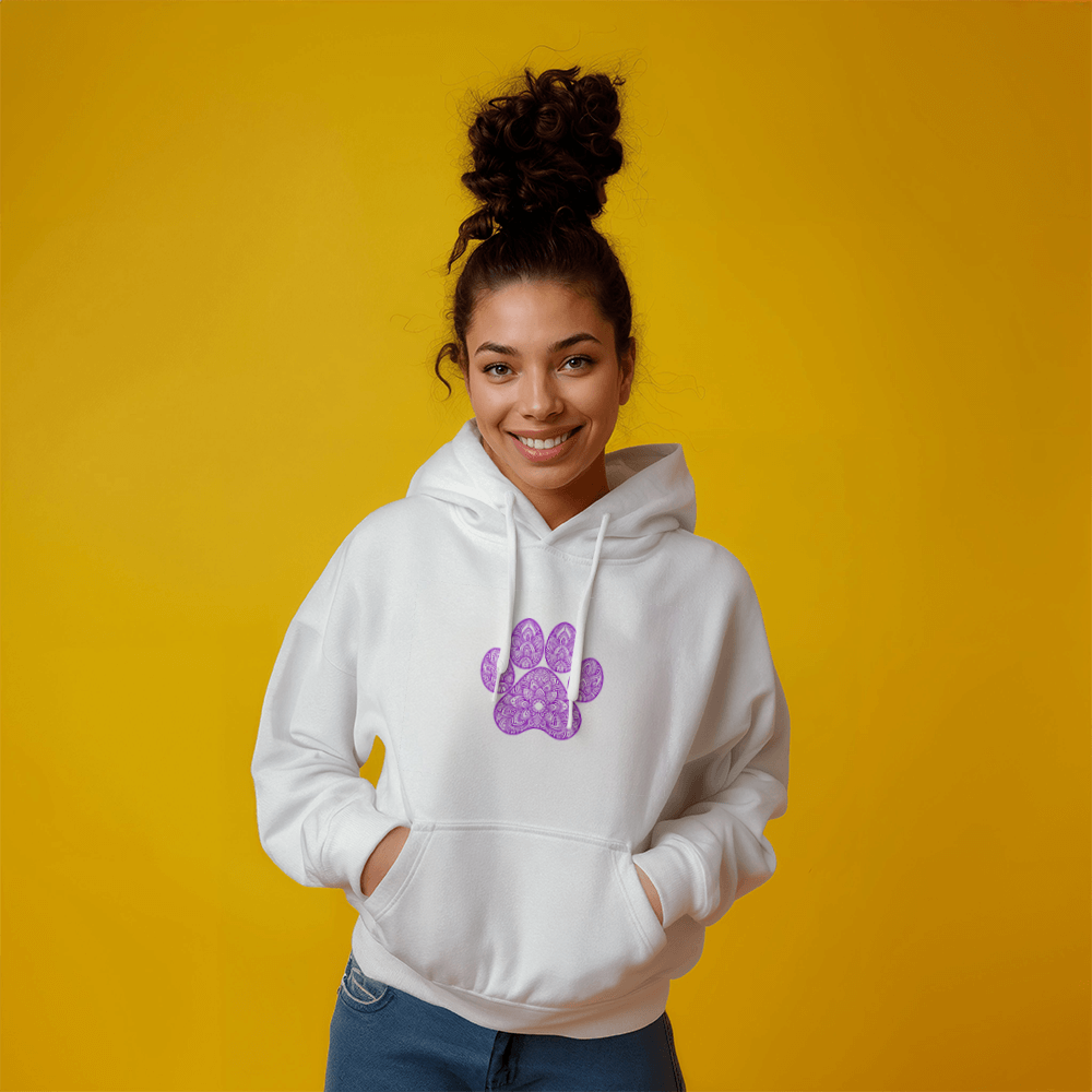 Purple Ornate Paw Print Hoodie, Decorative Dog Lover Pullover, Boho Floral Paw Design Dog Mom Sweatshirt