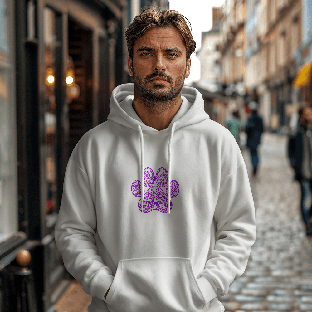 Purple Ornate Paw Print Hoodie, Decorative Dog Lover Pullover, Boho Floral Paw Design Dog Mom Sweatshirt