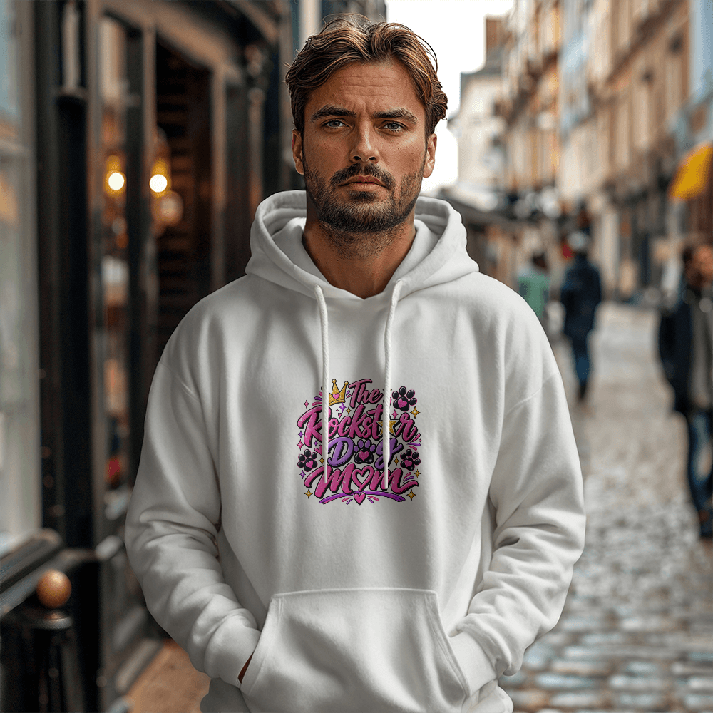 The Rockstar Dog Mom Hoodie, Branded Pink Logo Sweatshirt, Dog Mom Pullover with Paw Print Design