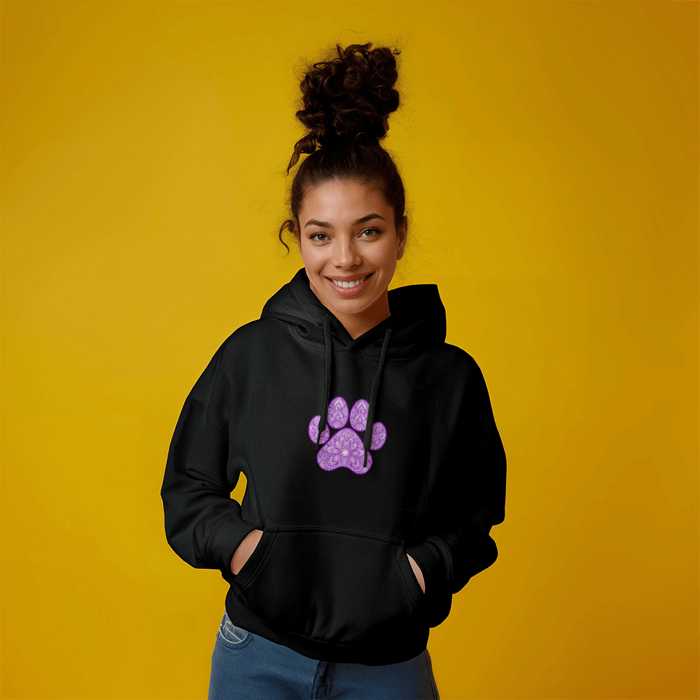 Purple Ornate Paw Print Hoodie, Decorative Dog Lover Pullover, Boho Floral Paw Design Dog Mom Sweatshirt
