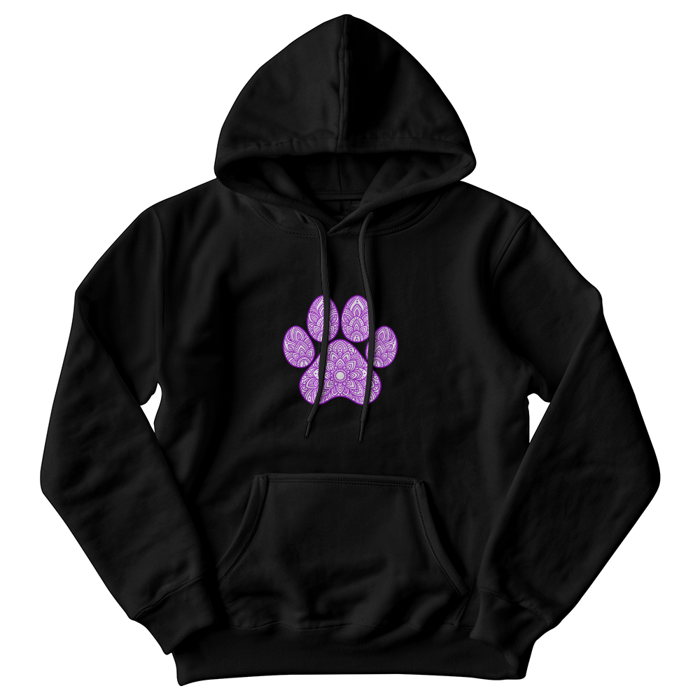 Purple Ornate Paw Print Hoodie, Decorative Dog Lover Pullover, Boho Floral Paw Design Dog Mom Sweatshirt