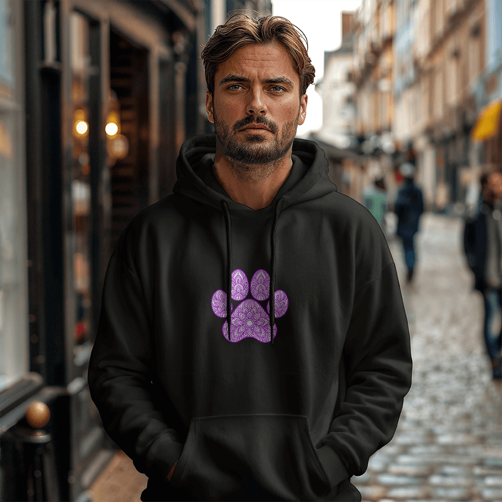 Purple Ornate Paw Print Hoodie, Decorative Dog Lover Pullover, Boho Floral Paw Design Dog Mom Sweatshirt