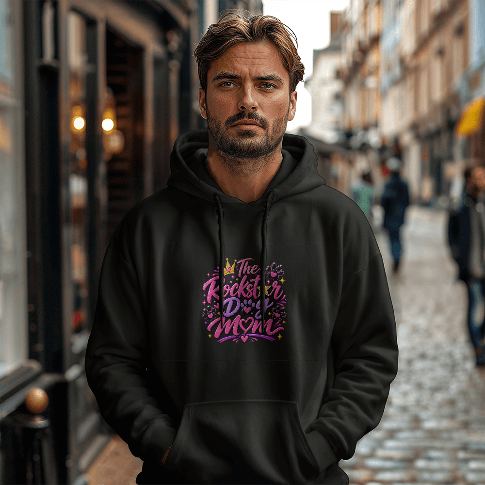 The Rockstar Dog Mom Hoodie, Branded Pink Logo Sweatshirt, Dog Mom Pullover with Paw Print Design