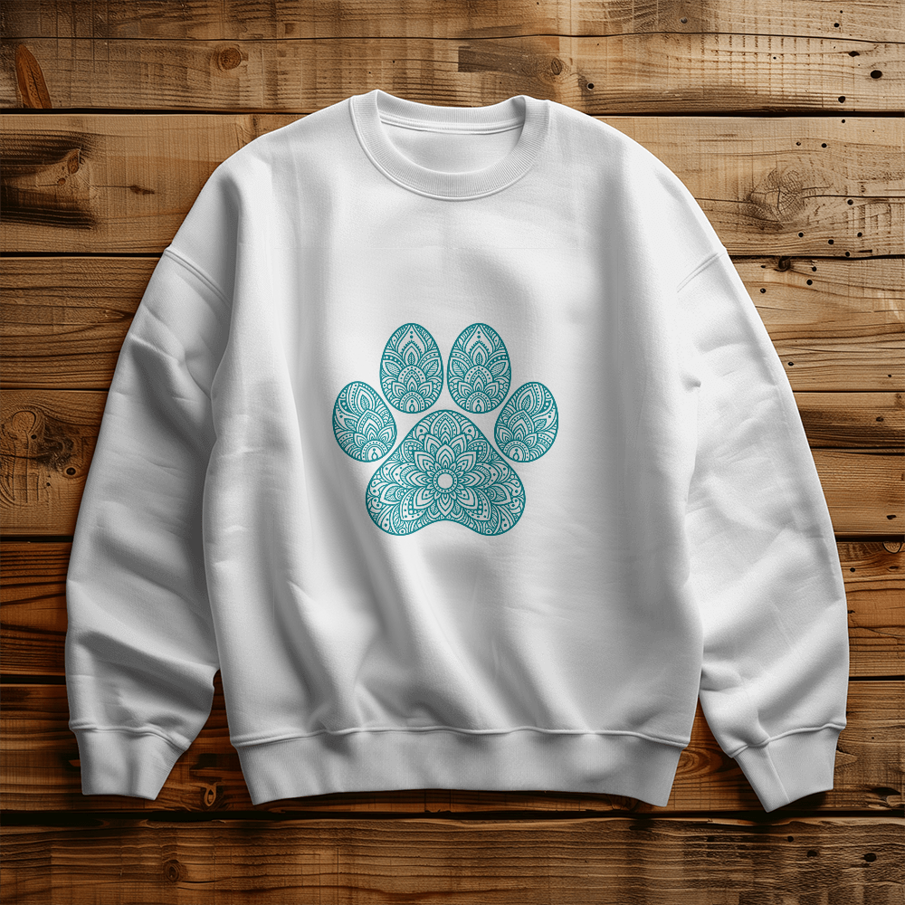 Teal Ornate Paw Print Sweatshirt, Decorative Dog Lover Crewneck, Boho Floral Paw Design Dog Mom Pullover