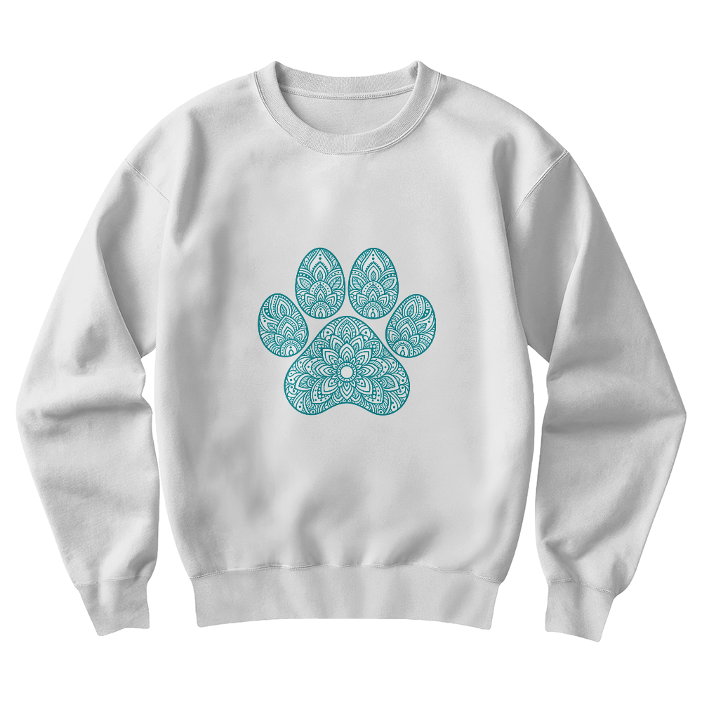 Teal Ornate Paw Print Sweatshirt, Decorative Dog Lover Crewneck, Boho Floral Paw Design Dog Mom Pullover