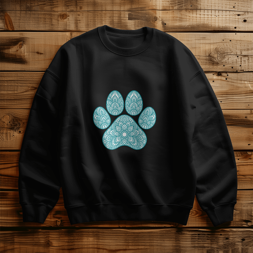 Teal Ornate Paw Print Sweatshirt, Decorative Dog Lover Crewneck, Boho Floral Paw Design Dog Mom Pullover