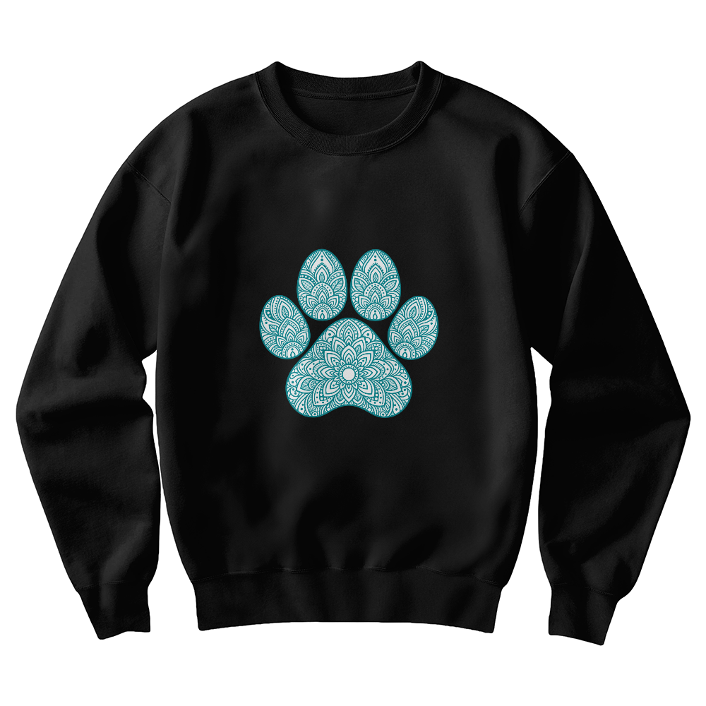 Teal Ornate Paw Print Sweatshirt, Decorative Dog Lover Crewneck, Boho Floral Paw Design Dog Mom Pullover