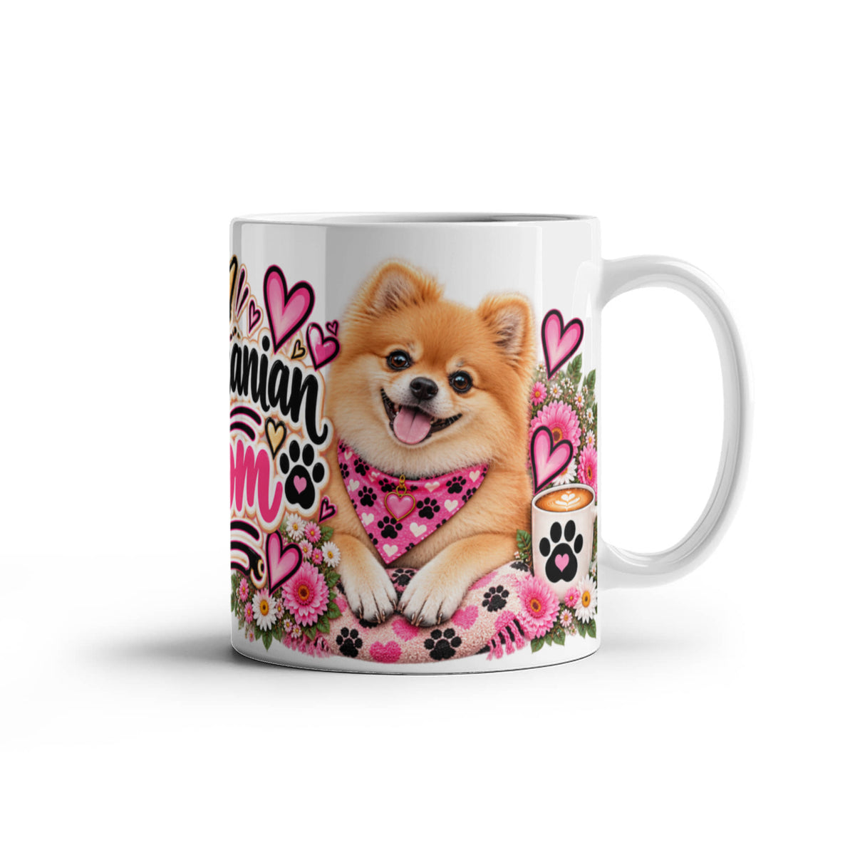 Pomeranian Mom Coffee Mug featuring fluffy orange Pomeranian with pink daisies and a crown