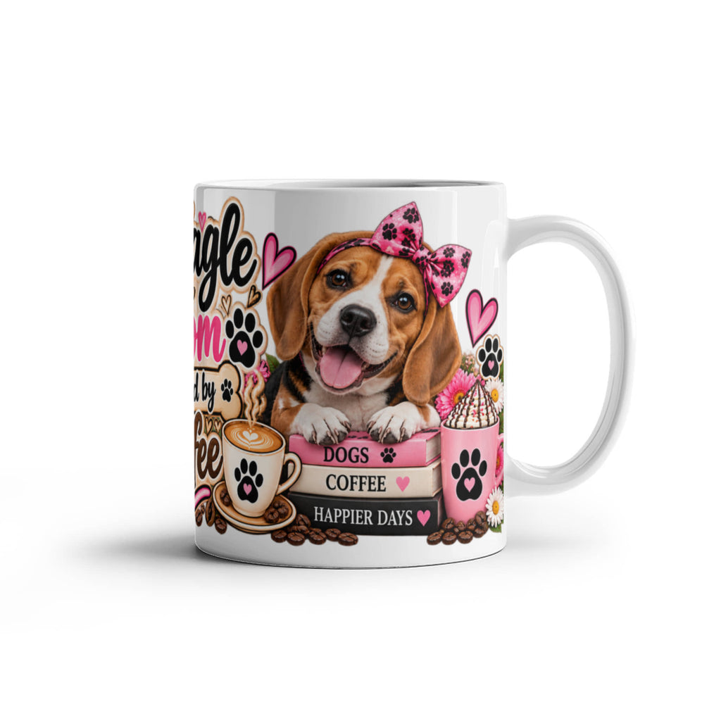 Beagle Mom Fueled by Coffee Mug featuring two Beagles with lattes, coffee beans, and pink bows