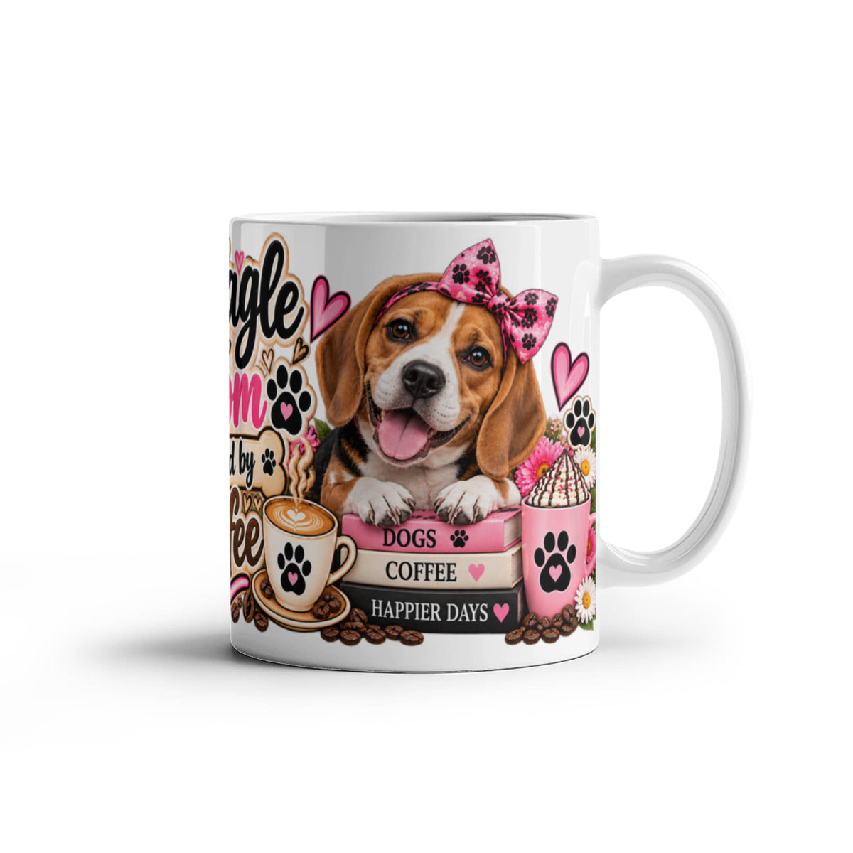 Beagle Mom Fueled by Coffee Mug featuring two Beagles with lattes, coffee beans, and pink bows