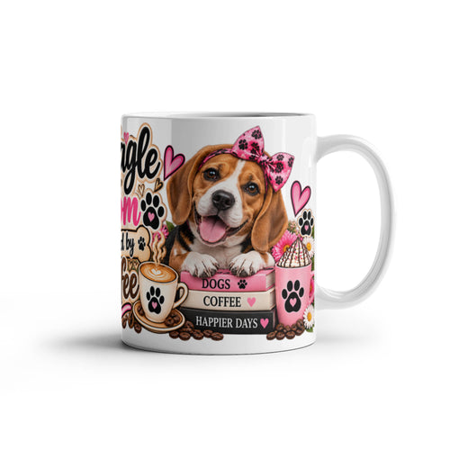 Beagle Mom Fueled by Coffee Mug featuring two Beagles with lattes, coffee beans, and pink bows