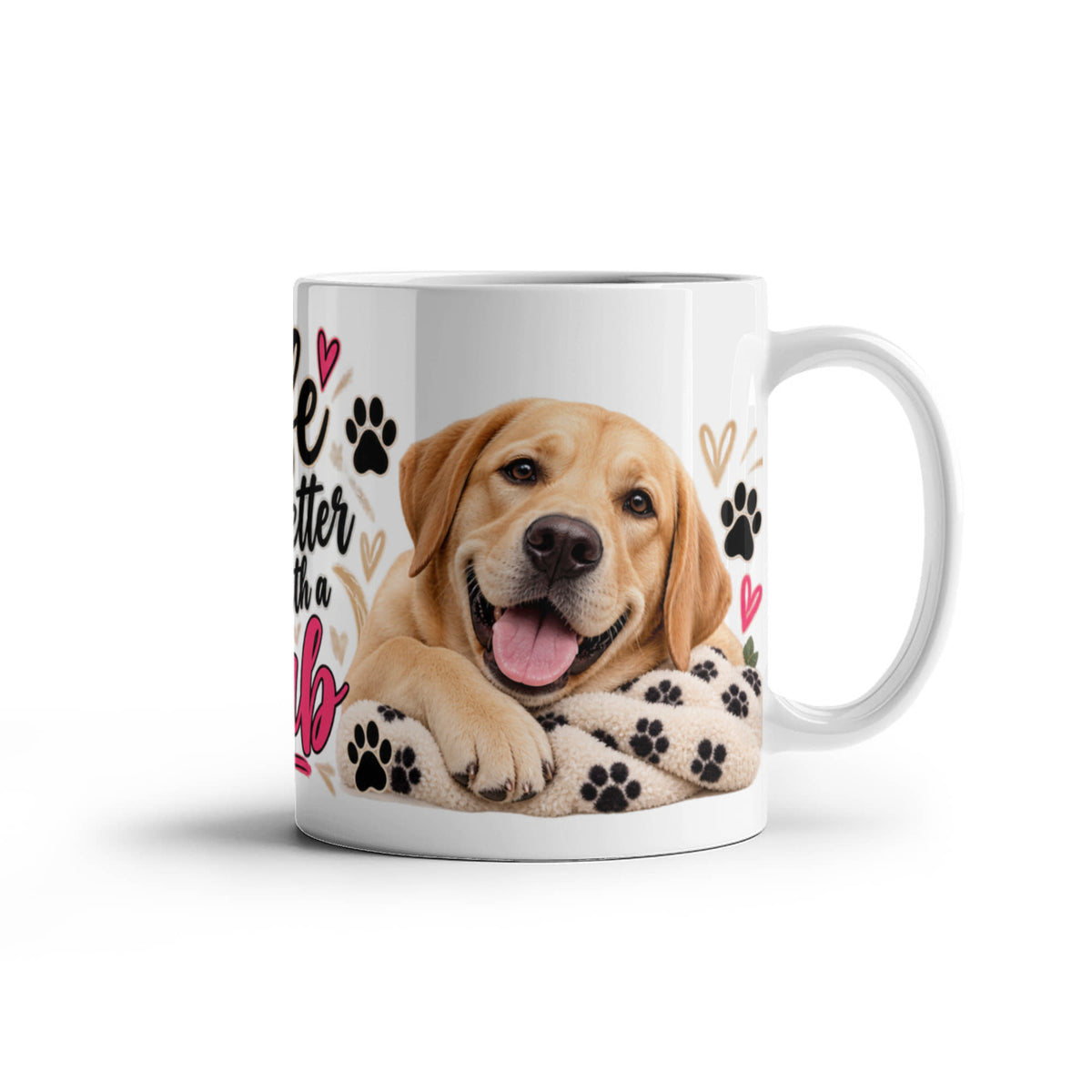 Life Is Better With a Lab Coffee Mug featuring two happy yellow Labrador Retrievers with paw prints and pink hearts