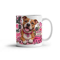 Pit Bull Mom Big Heart Big Love Coffee Mug featuring two smiling Pit Bulls with pink hearts, roses, and leopard print