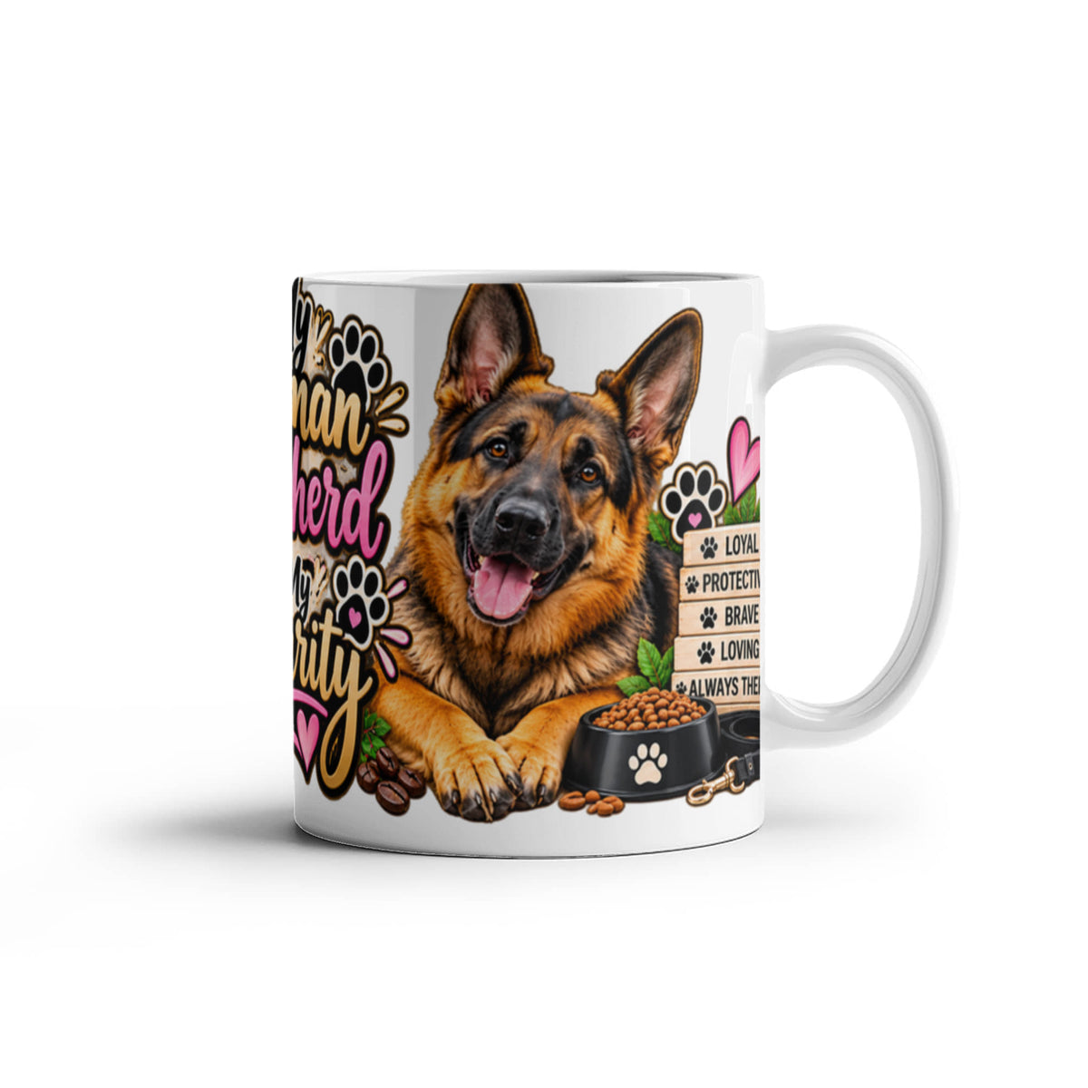 My German Shepherd Is My Security Coffee Mug featuring two German Shepherds with loyal, protective, brave, and loving details
