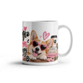 Corgi Mom Energy Coffee Mug featuring two Corgis with heart sunglasses, coffee, and pink leopard details