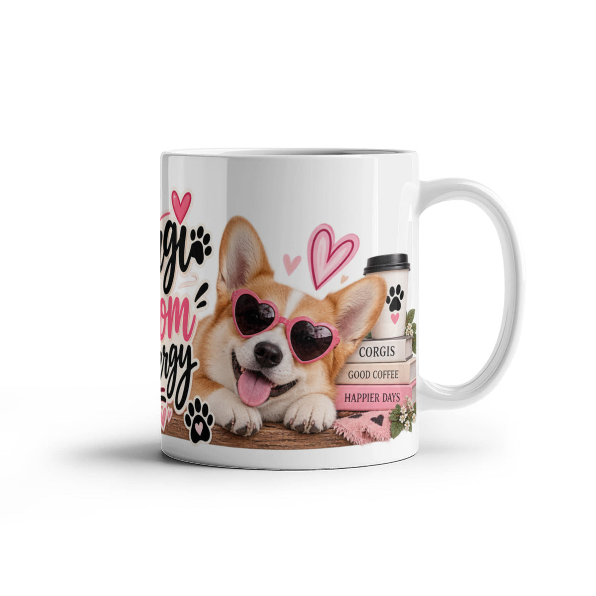 Corgi Mom Energy Coffee Mug featuring two Corgis with heart sunglasses, coffee, and pink leopard details