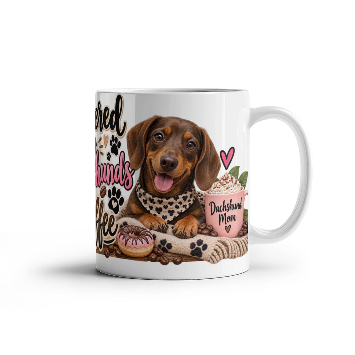 Powered by Dachshunds and Coffee Mug featuring two Dachshunds with coffee, a donut, and pink leopard bandanas