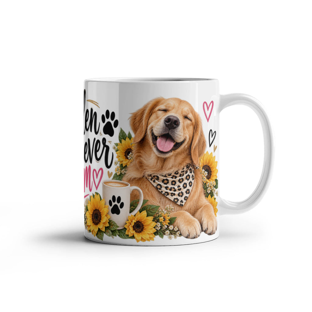 Golden Retriever Mom Coffee Mug with Sunflowers featuring two smiling Golden Retrievers with sunflowers and leopard print details