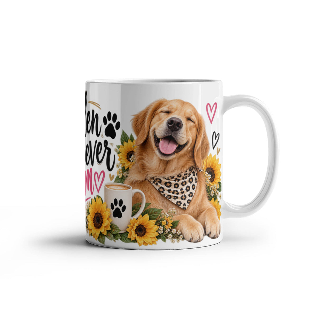 Golden Retriever Mom Coffee Mug with Sunflowers featuring two smiling Golden Retrievers with sunflowers and leopard print details