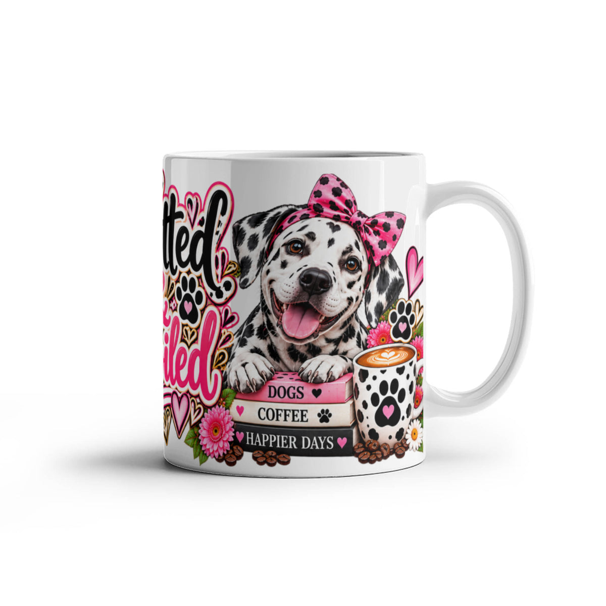 Spotted and Spoiled Dalmatian Mom Coffee Mug featuring two Dalmatians with pink roses, paw prints, and leopard bows