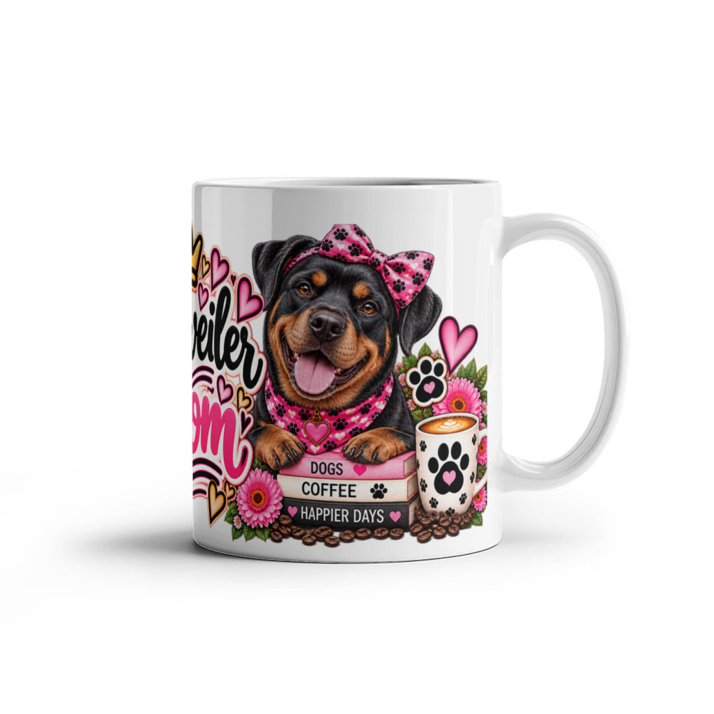 Rottweiler Mom Coffee Mug featuring handsome Rottweiler with pink flowers, hearts, and a crown