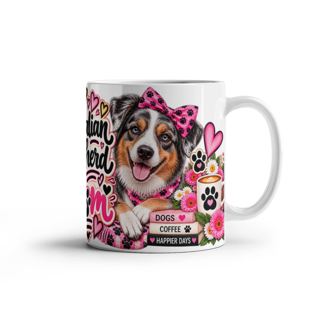 Australian Shepherd Mom Coffee Mug featuring blue merle Australian Shepherd with pink flowers and a crown