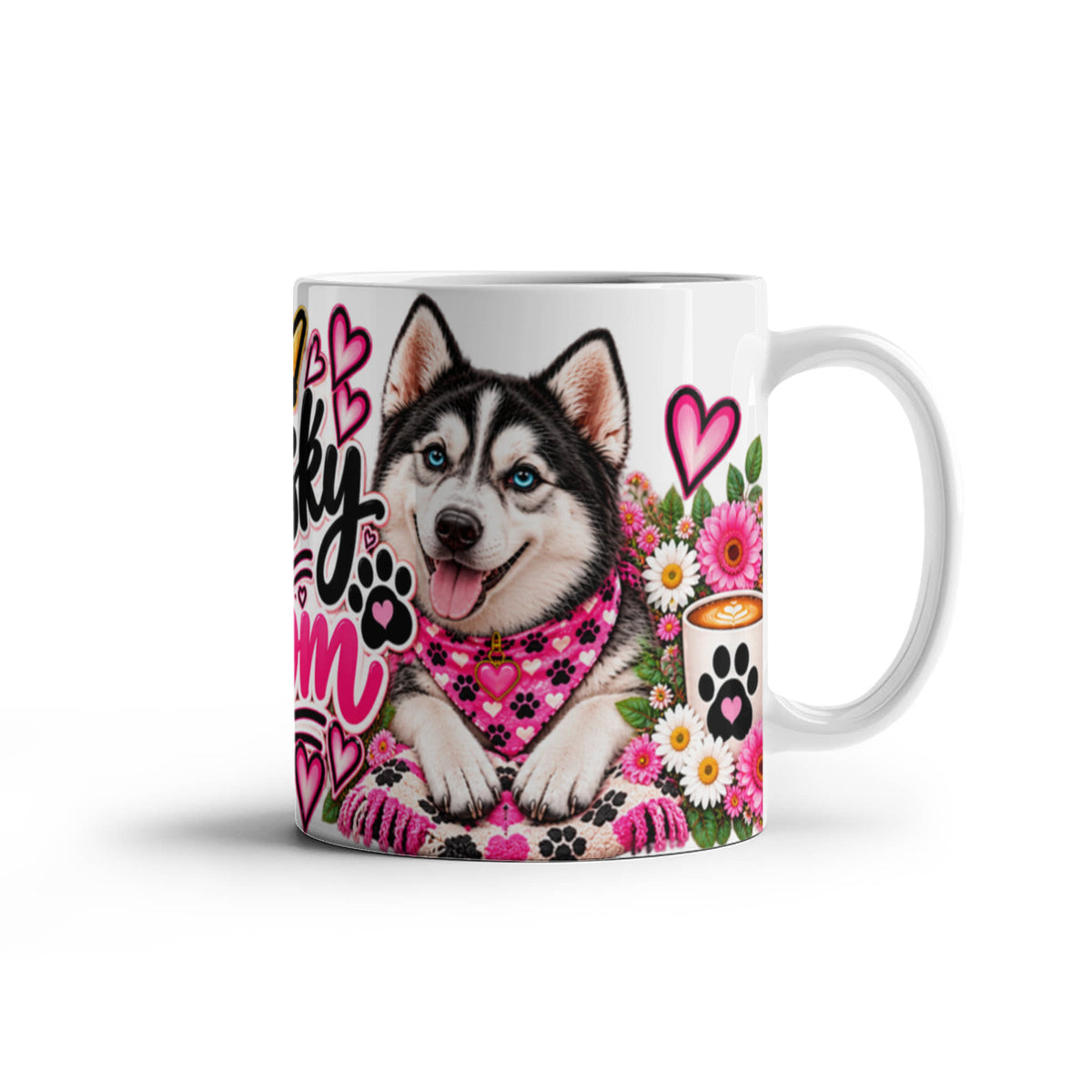 Husky Mom Coffee Mug, Siberian Husky Mom Gift featuring blue eyed Siberian Husky with pink flowers, hearts, and a crown