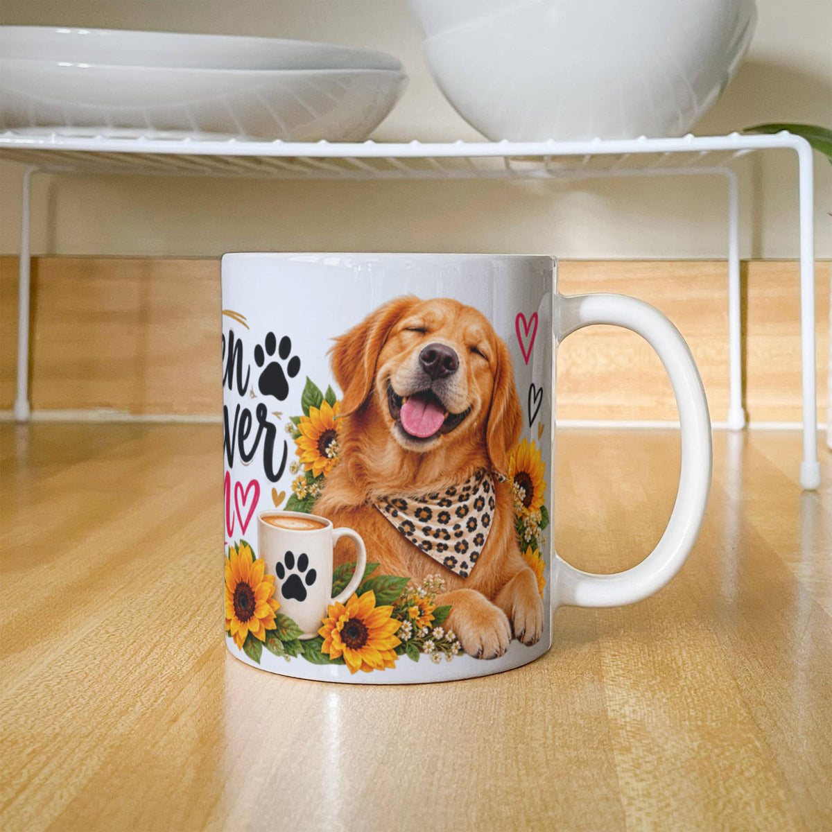 Golden Retriever Mom Coffee Mug with Sunflowers, view 3