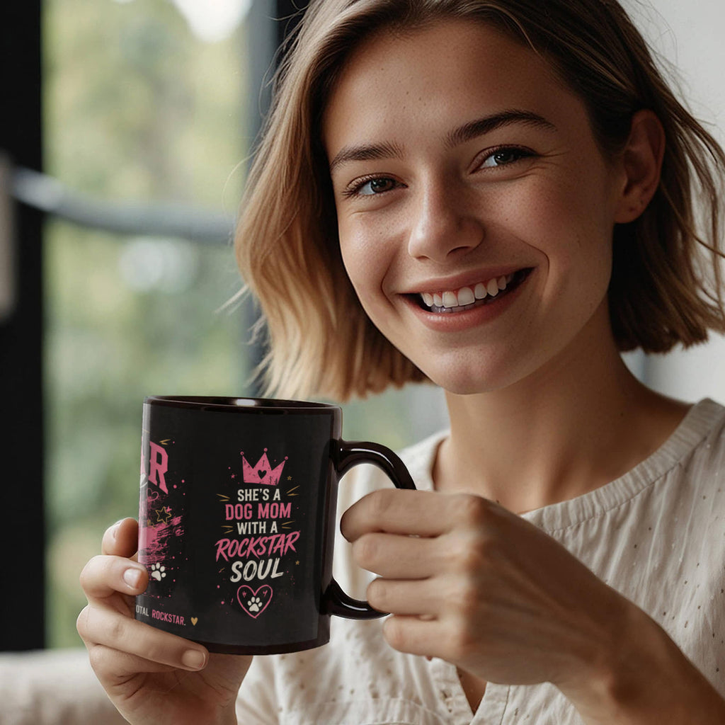 The Rockstar Dog Mom Black Ceramic Mug