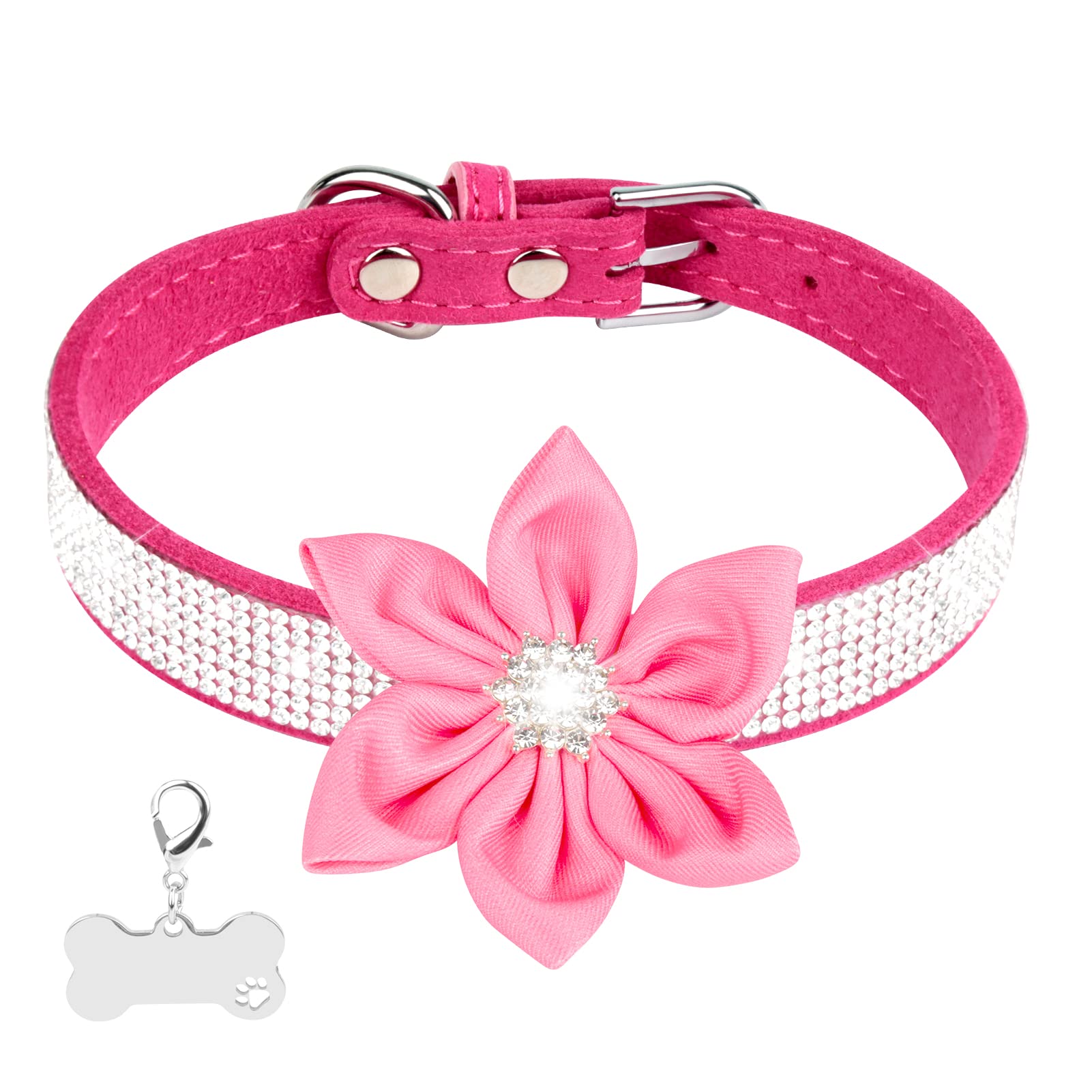 Hot Pink Rhinestone Flower Dog Collar